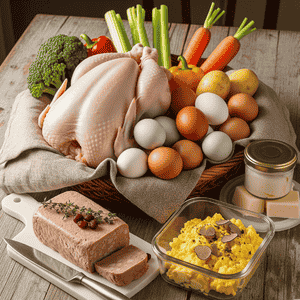 panier de Œufs mélangés (18 pièces) Poule au pot (1,2kg) Pâté de campagne (300g) Œufs brouillés aux truffes Graisse de canard (250g)