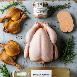 panier de : Poulet fermier (1,5kg) Cuisses de canard (4 pièces) Rillettes de volaille (200g) Foie gras de canard (150g) Bouillon de poule (1L)