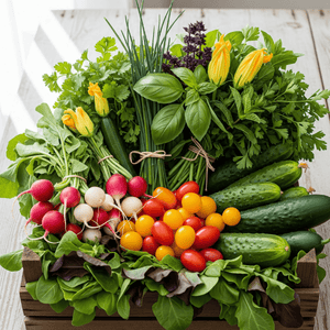 cagette de : Salade mélangée (300g) Radis multicolores (250g) Concombres (2 pièces) Tomates cerises (500g) Bouquet d'aromates Courgettes (1kg)