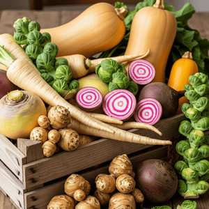 cagette de :Topinambours (800g) Panais (600g) Rutabaga (1 pièce) Choux de Bruxelles (500g) Betteraves Chioggia (3 pièces) Courge butternut (1kg)