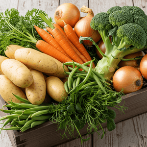 cagette de : Pommes de terre (2kg) Carottes (1kg) Haricots verts (500g) Brocolis (2 têtes) Oignons (1kg) Épinards (500g)