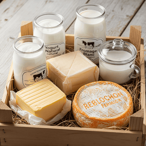 cagette de :Reblochon fermier (250g) Yaourt nature( 4 pots) Fromage blanc (500g) Beurre de barate (125g) crème fraiche (250ml)