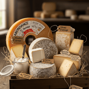 cagette de : Abondance fermier (300g) Tomme de Savoie (250g) Sérac d'alpage (200g) Raclette fermière (400g) Crème de fromage (150g)