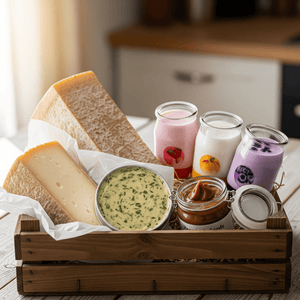 cagette de Fromage d'alpage (300g) Beurre aux herbes (150g) Yaourt aux fruits d'ici (6 pots) Spécialité du mois Confiture de lait (200g)