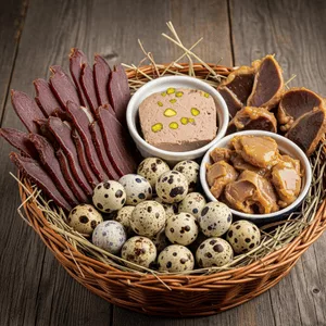 panier de Œufs de caille (24 pièces) Magret de canard (400g) Terrine de foie de volaille (200g) Confit de gésiers (300g) Création du mois